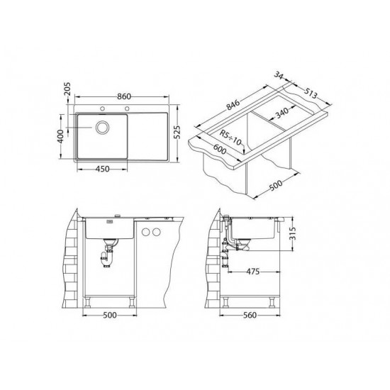 ALVEUS PURE 50L KMB-90 860X525 1X левая  нерж.сталь